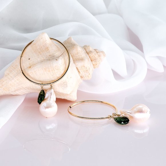 Baroque Pearl & Green Tourmaline Hoop Earrings, 14K Gold Filled Thin Hoops - Picture 9 of 11